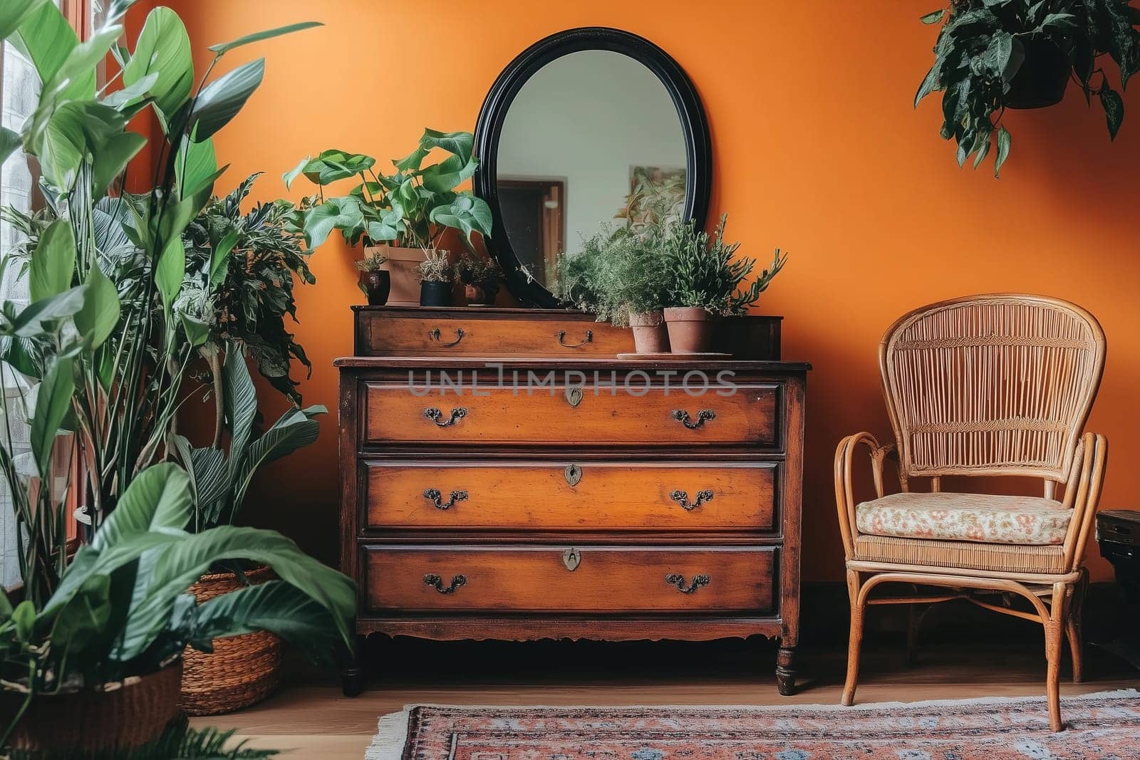 The vintage dresser, adorned with a round mirror, sits against warm orange walls surrounded by lush plants. A wicker chair complements the inviting, sunlit atmosphere.