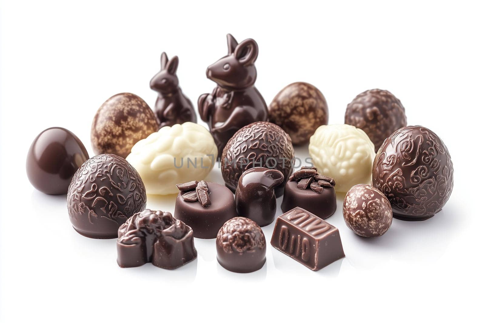 An enticing collection of assorted chocolates featuring bunnies, eggs, and other festive shapes, ideal for spring celebrations and gifting.