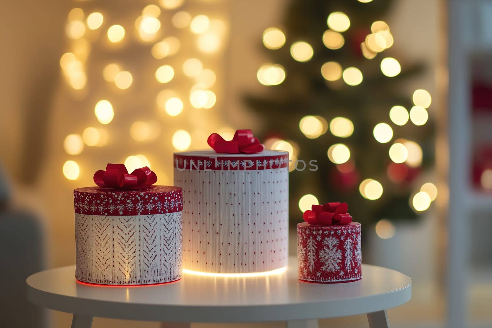 Beautifully wrapped gift boxes in red and white sit on a table, surrounded by a warm holiday ambiance created by twinkling lights.