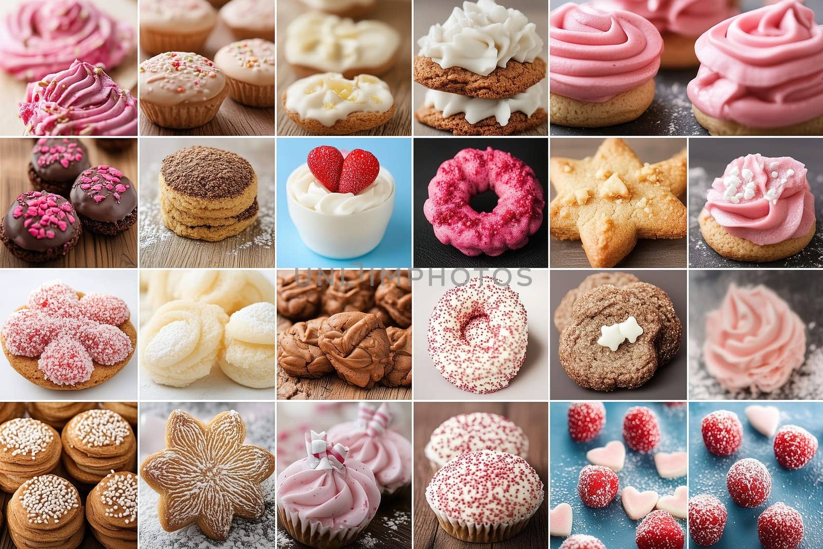 An inviting display features an array of sweet treats, including cupcakes, cookies, and candies, beautifully arranged on a wooden surface.