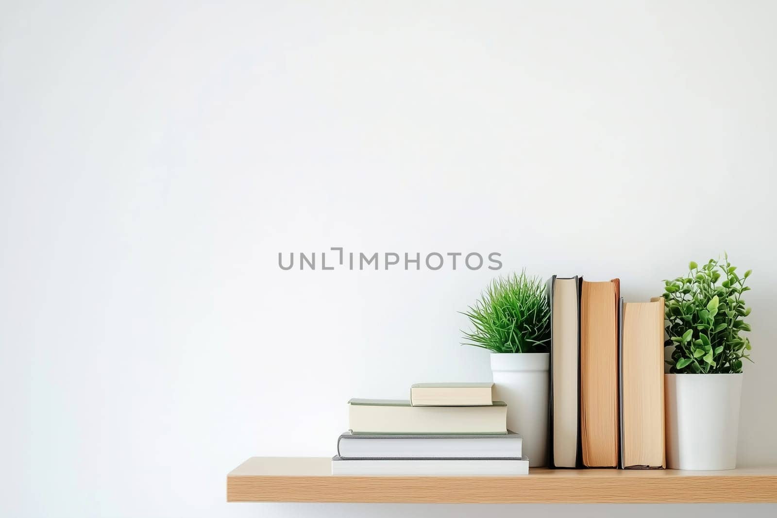A simple wooden shelf holds a collection of books and potted plants, creating a fresh and inviting atmosphere in a minimalist room.