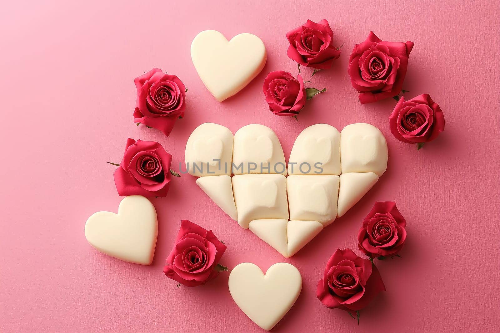 This delightful composition features a heart made of white chocolates surrounded by vibrant red roses, set against a soft pink backdrop, perfect for expressing love and affection.
