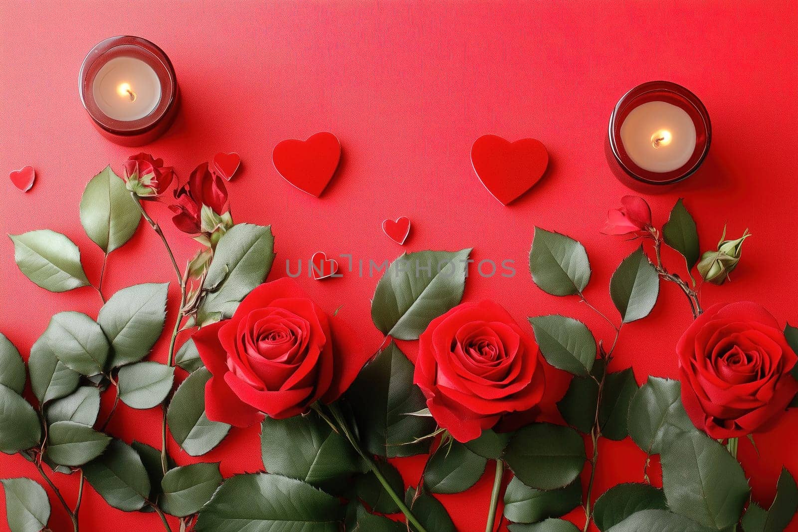 A stunning arrangement features red roses and candles with heart decorations, set against a bright red backdrop, perfect for a romantic occasion.