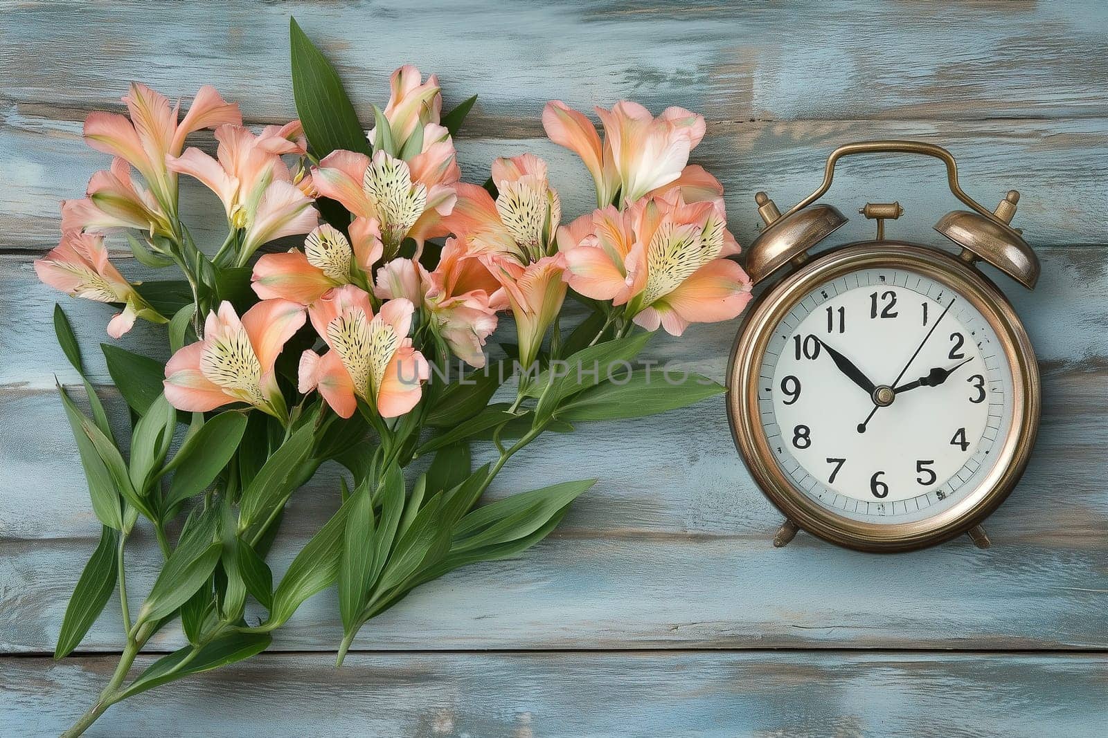A bunch of soft peach-colored flowers is placed next to an antique clock on a weathered wooden background, highlighting beauty and time.