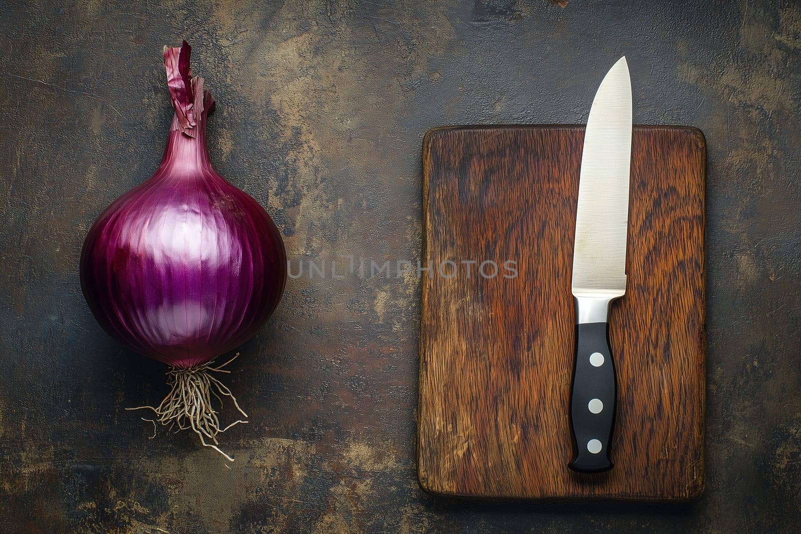 A fresh red onion sits next to a sharp knife on a rustic wooden cutting board, ready for slicing. The kitchen ambiance enhances the culinary preparation.