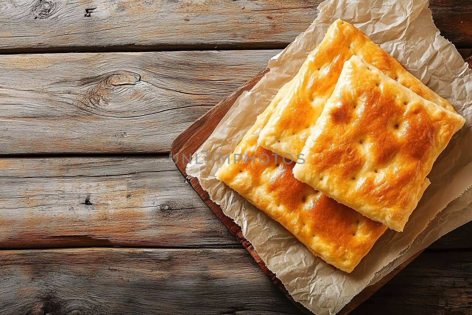 Golden brown flatbread is displayed on a wooden cutting board, highlighting its fluffy texture and crispy surface in soft afternoon light.