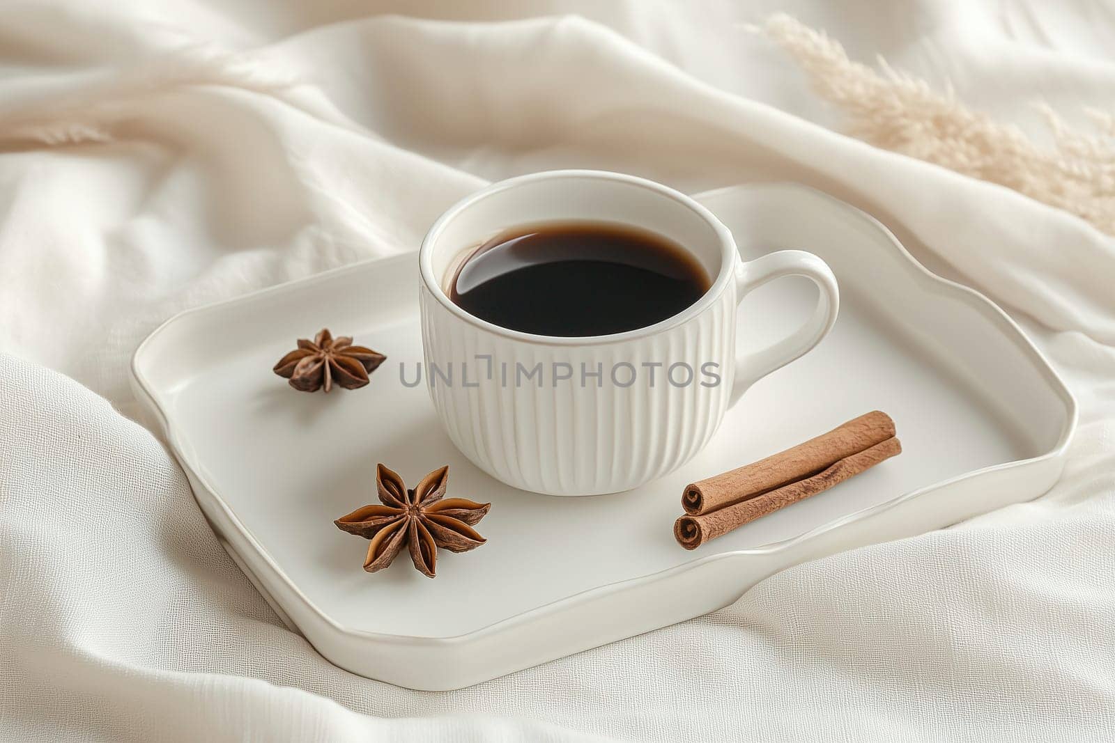 A simple yet inviting arrangement features a cup of black coffee alongside cinnamon sticks and star anise placed on a soft, neutral fabric, creating a warm atmosphere.