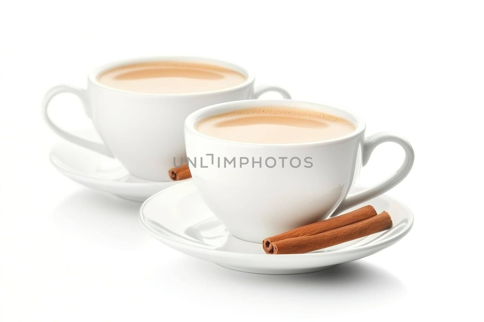 Two cups filled with creamy milk tea sit on saucers, accompanied by cinnamon sticks, creating a cozy, inviting atmosphere ideal for a warm afternoon.