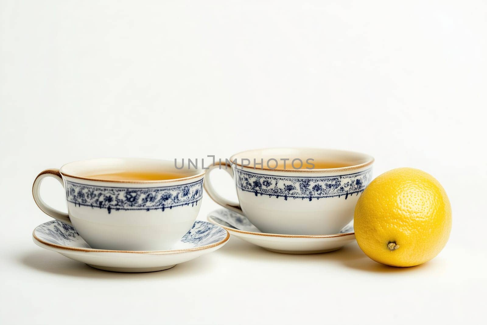 Two delicate tea cups sit on matching saucers, filled with warm tea. A vibrant lemon rests beside them, adding a fresh touch to the tranquil display.
