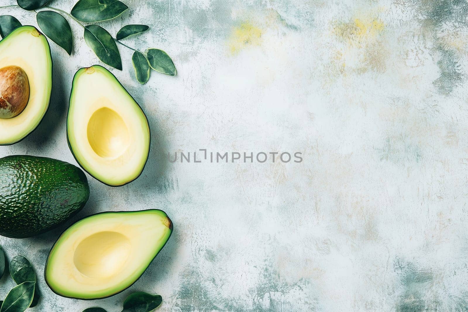 Bright, vibrant avocados are sliced in half and displayed alongside whole fruit and lush green leaves, creating a fresh, healthy atmosphere ideal for culinary creations.
