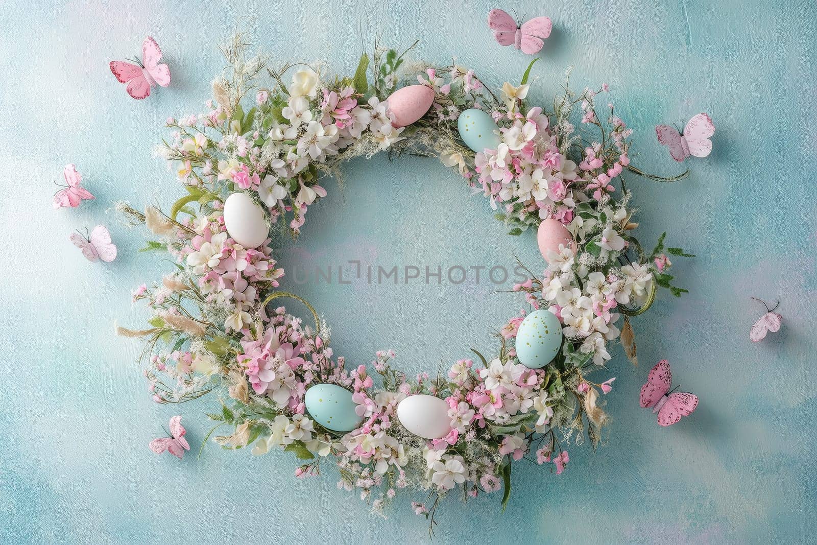 Delicate pastel flowers, colorful eggs, and small butterflies adorn a circular wreath against a soft blue backdrop, celebrating spring's arrival.