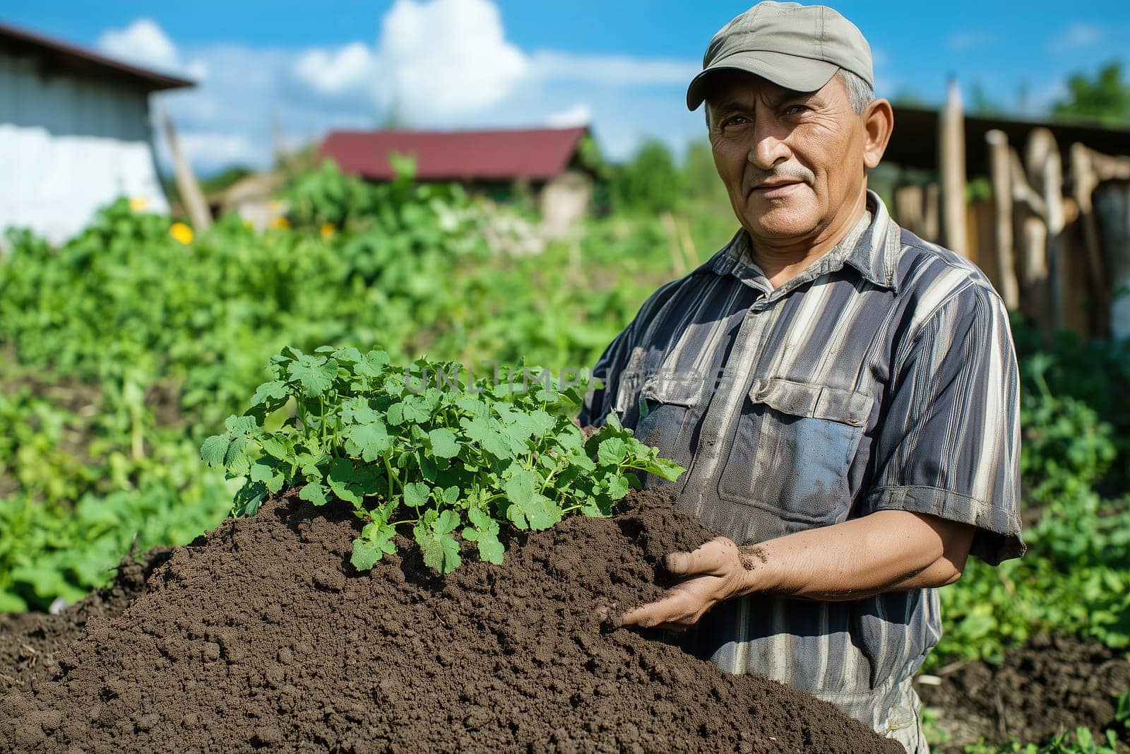 An elderly man stands in his garden, holding a pile of nutrient-rich soil topped with young plants. The bright sky and lush greenery enhance the joy of his gardening efforts.