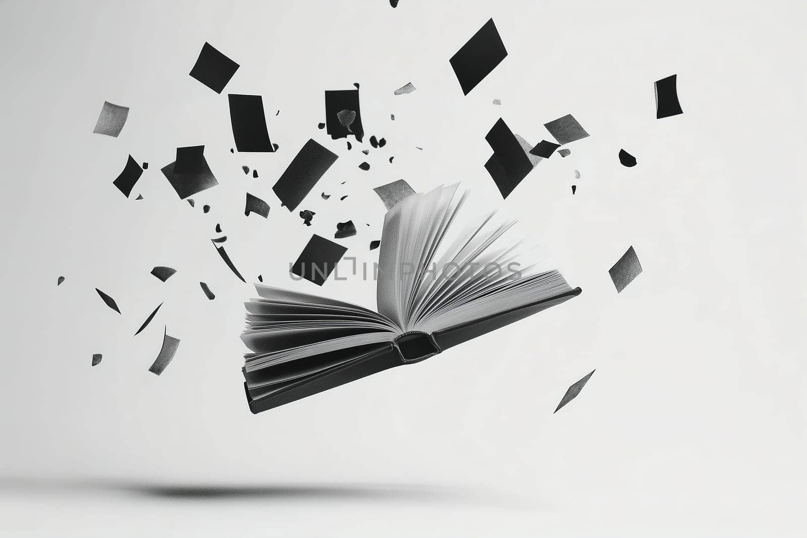 An open book is seen in a minimalist setting, surrounded by scattered black paper pieces that seem to float, representing a burst of creativity and imagination.