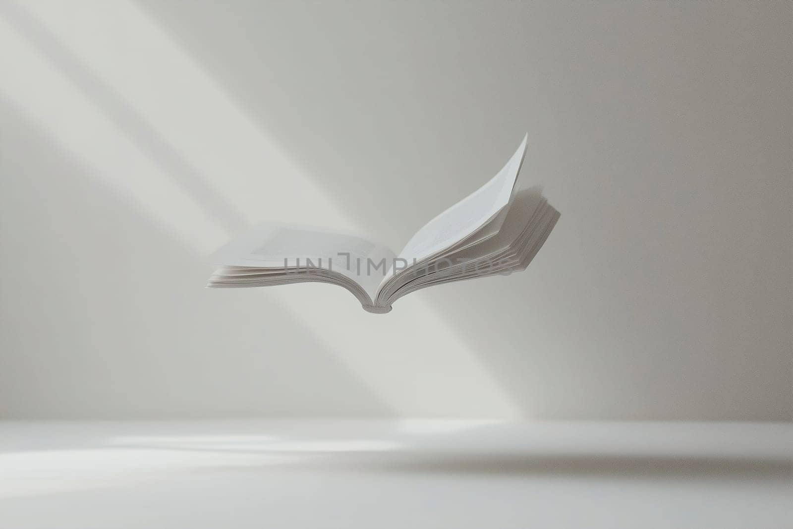 An open book hovers in mid-air, illuminated by gentle sunlight streaming through an unseen source. The minimalist background enhances the peaceful reading vibe.