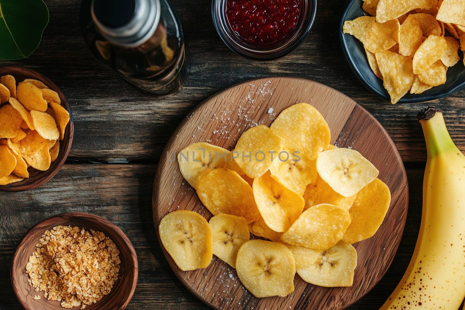 A rustic wooden table is set with an assortment of snacks, including banana chips, granola, and a jar of jam. A ripe banana lies beside the snacks, creating a tempting display.