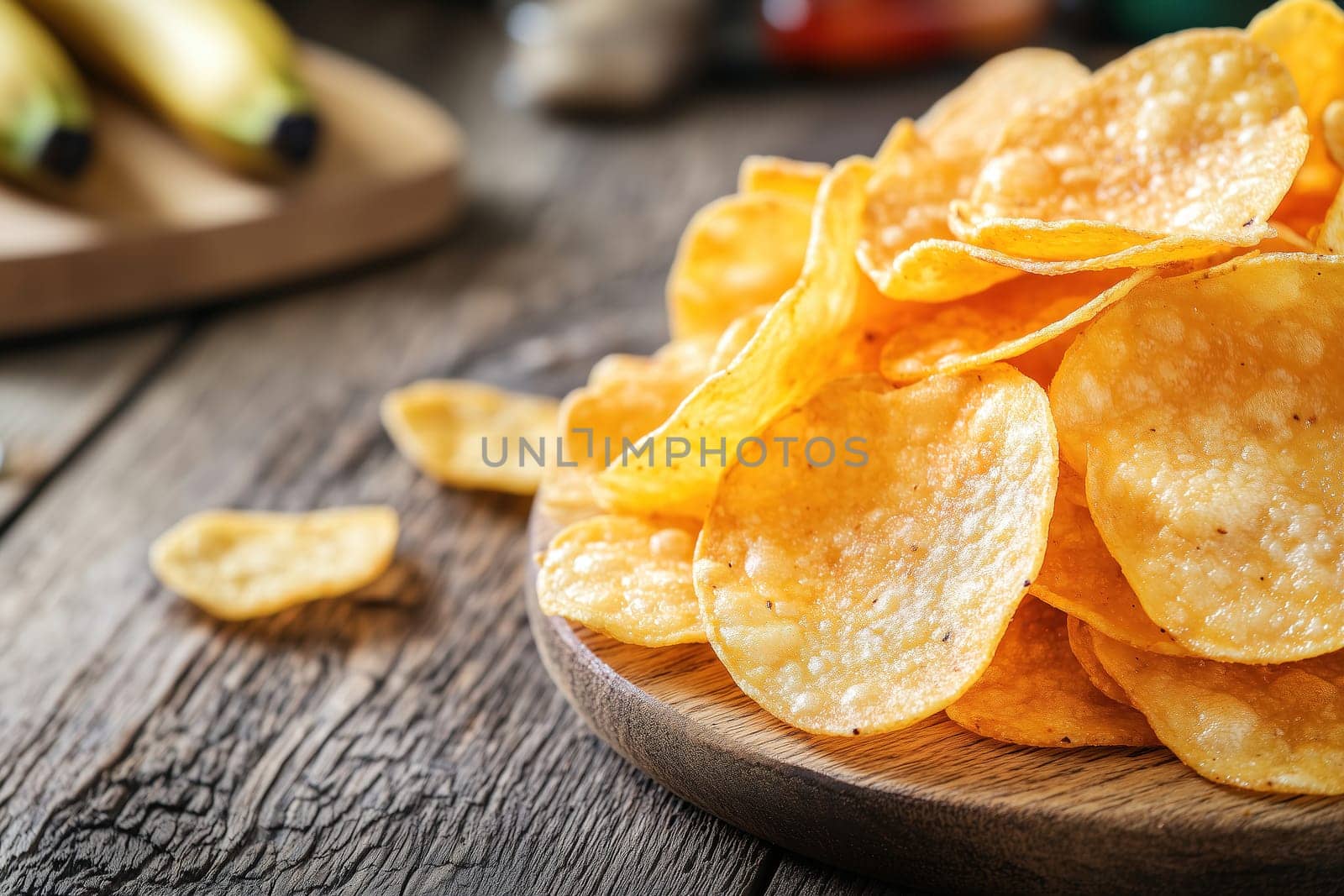A generous pile of golden, crispy potato chips rests on a wooden plate in a cozy kitchen. Various condiments and fresh vegetables create a warm, inviting atmosphere.