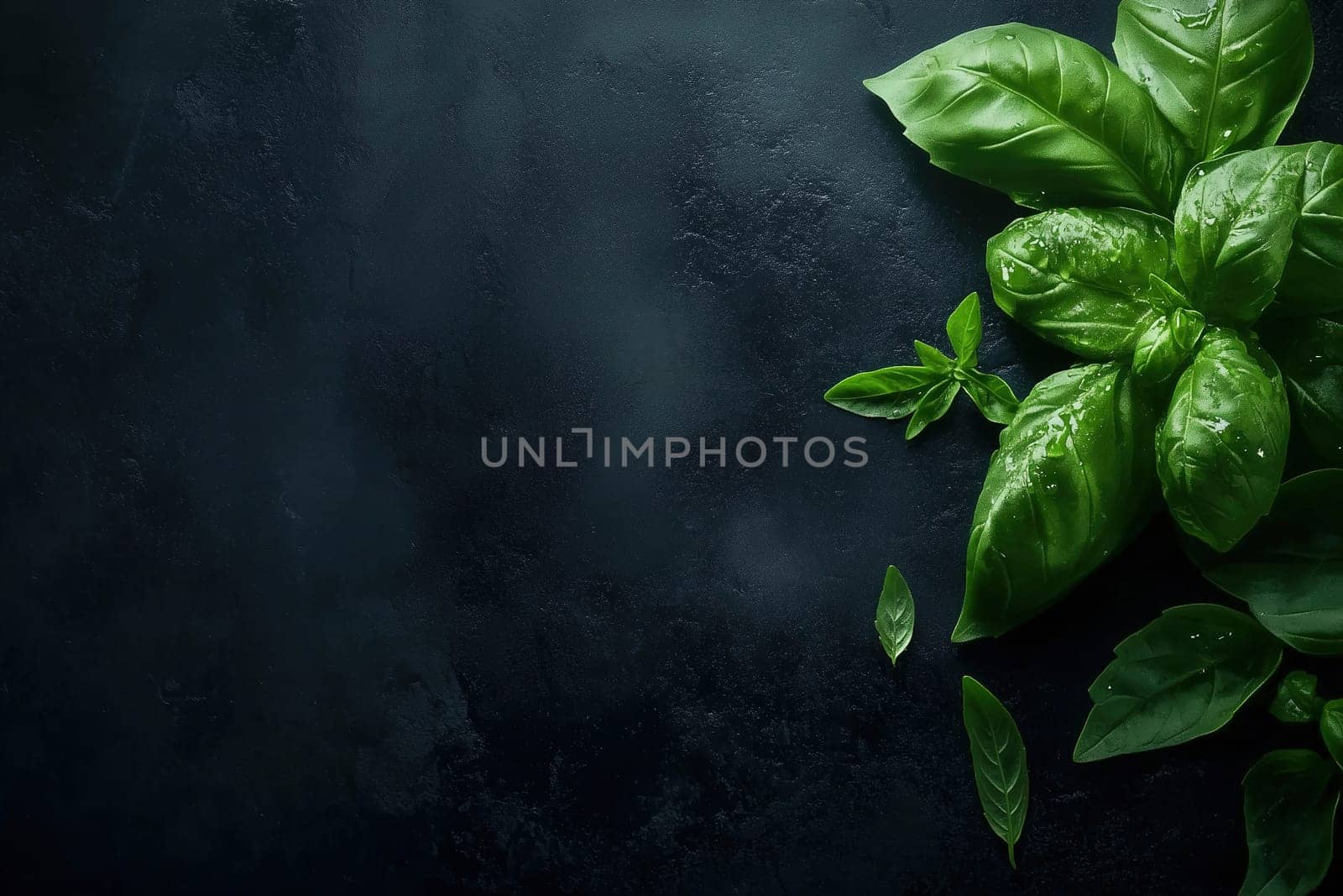 Fresh basil leaves lie on a dark countertop, displaying their rich green colors and smooth textures, ideal for enhancing dishes and presentations.