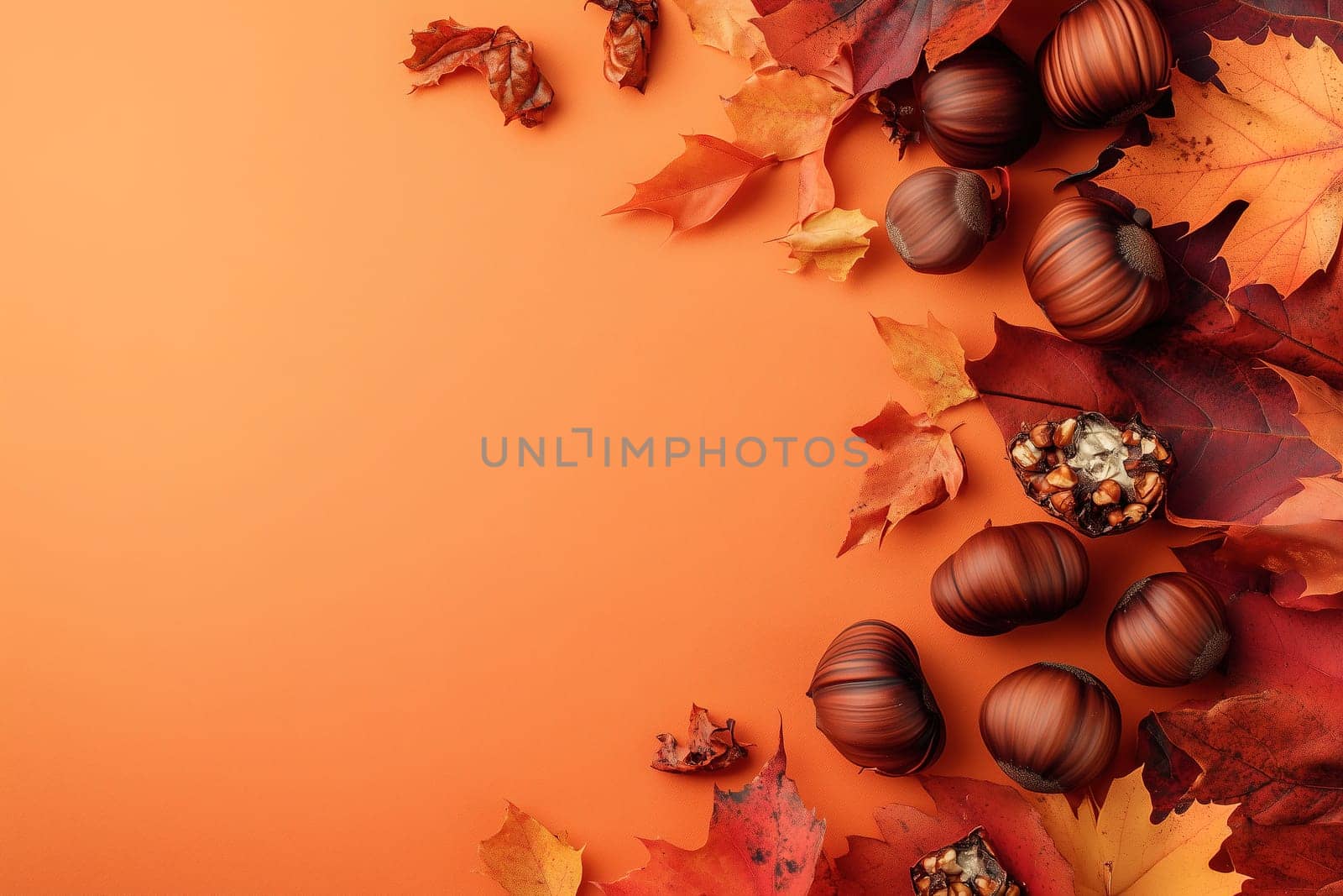 Vibrant autumn leaves in shades of orange, red, and brown scatter across an orange background, interspersed with glossy chestnuts, creating a festive fall atmosphere.