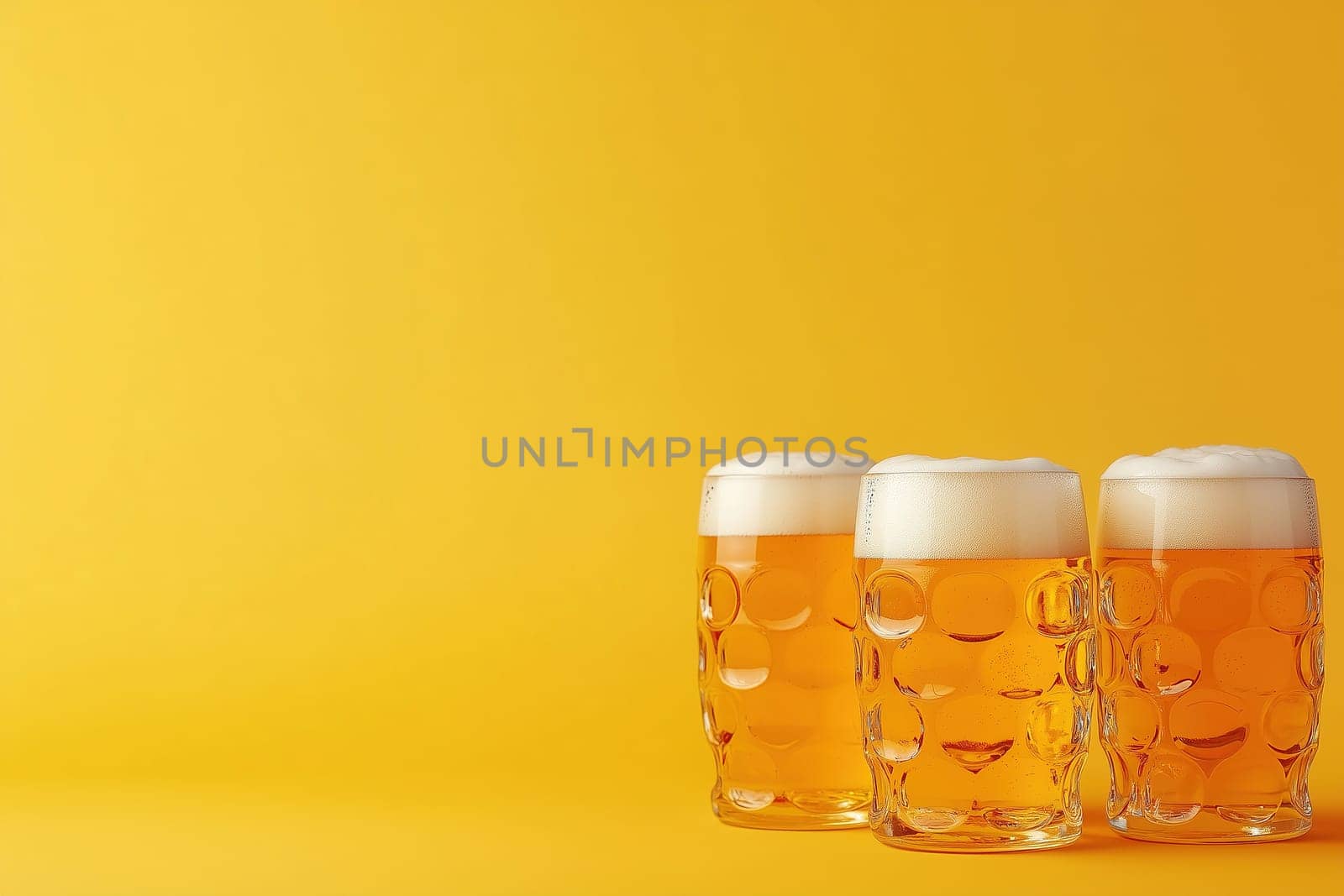 Three mugs filled with golden beer and topped with frothy white foam sit against a bright yellow backdrop, offering a lively and inviting vibe perfect for social gatherings.