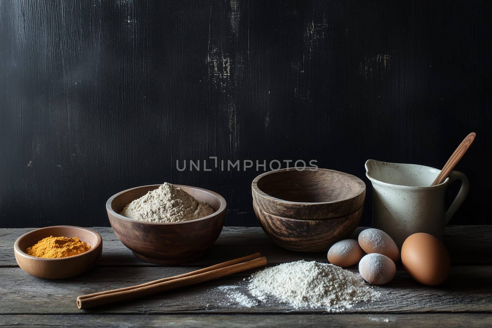 A collection of baking ingredients displayed on a rustic wooden table, featuring flour, eggs, spices, and a measuring cup, creating a warm atmosphere for cooking.
