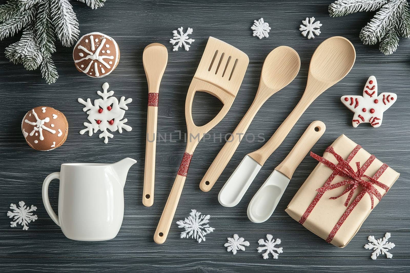 A collection of wooden kitchen utensils and festive cookies is arranged on a dark wooden table, accompanied by Christmas decorations and a wrapped gift.