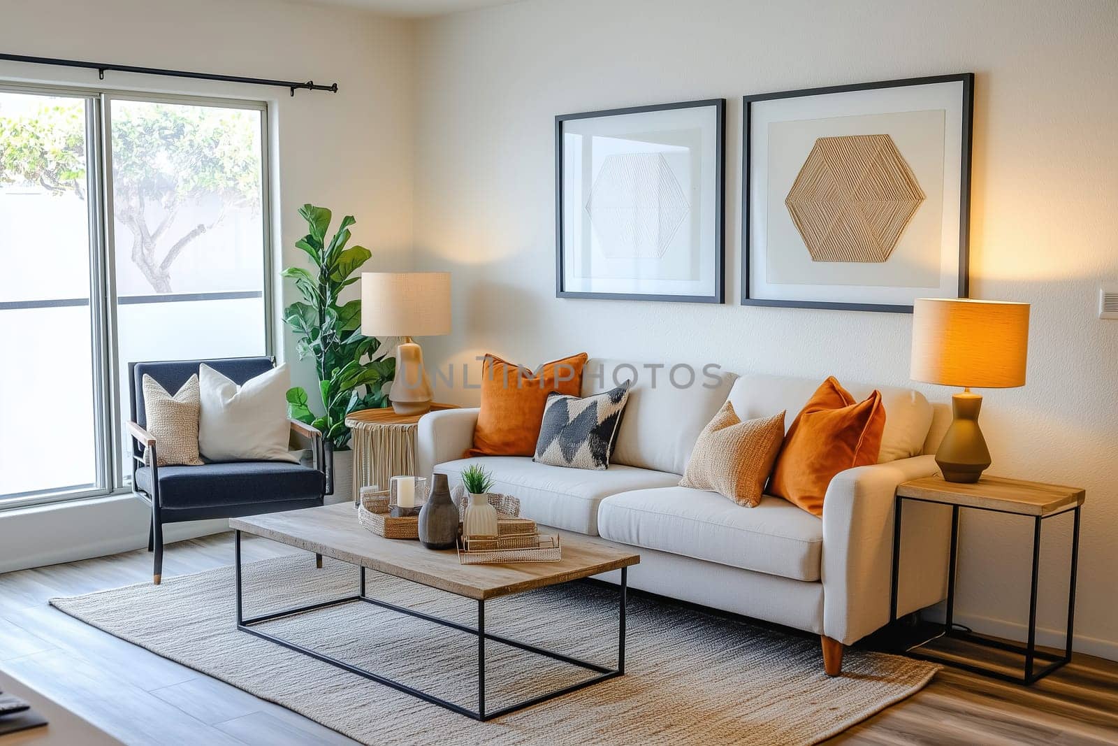 This inviting living room showcases a stylish sofa adorned with decorative pillows, a coffee table, and warm lighting, creating a comfortable atmosphere in a sunlit area.