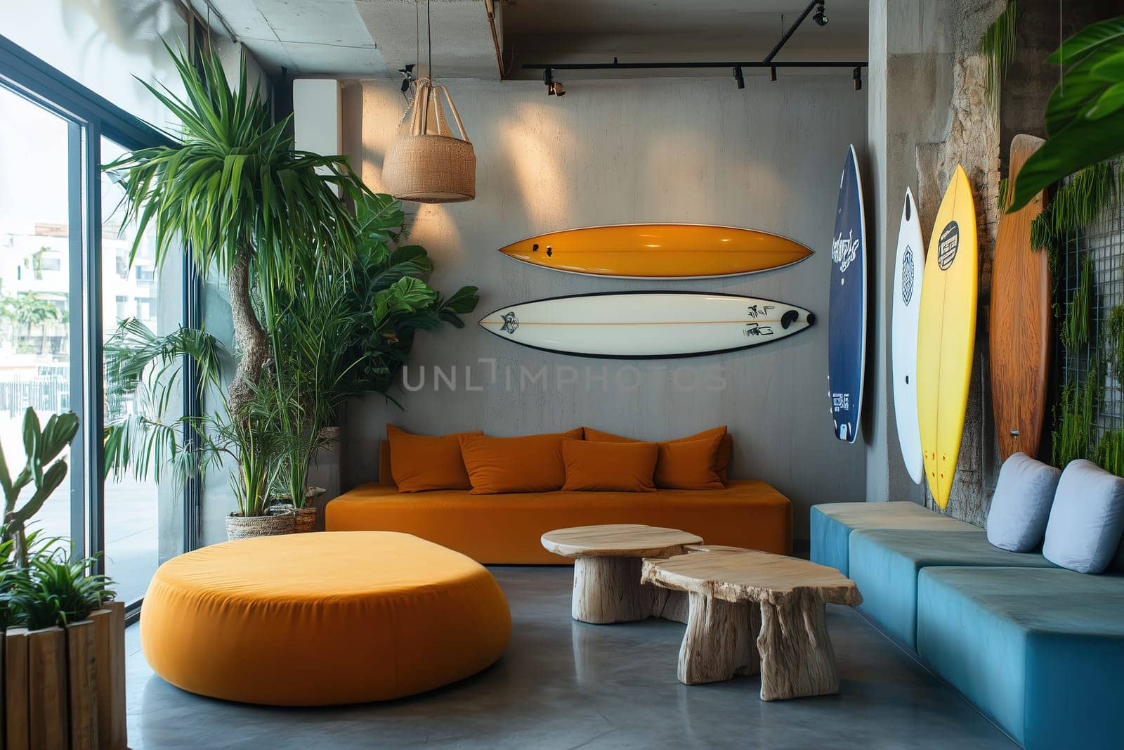 A stylish lounge area features a bright orange couch, wooden tables, and surfboards hanging on the wall, surrounded by tropical plants, creating a welcoming atmosphere.