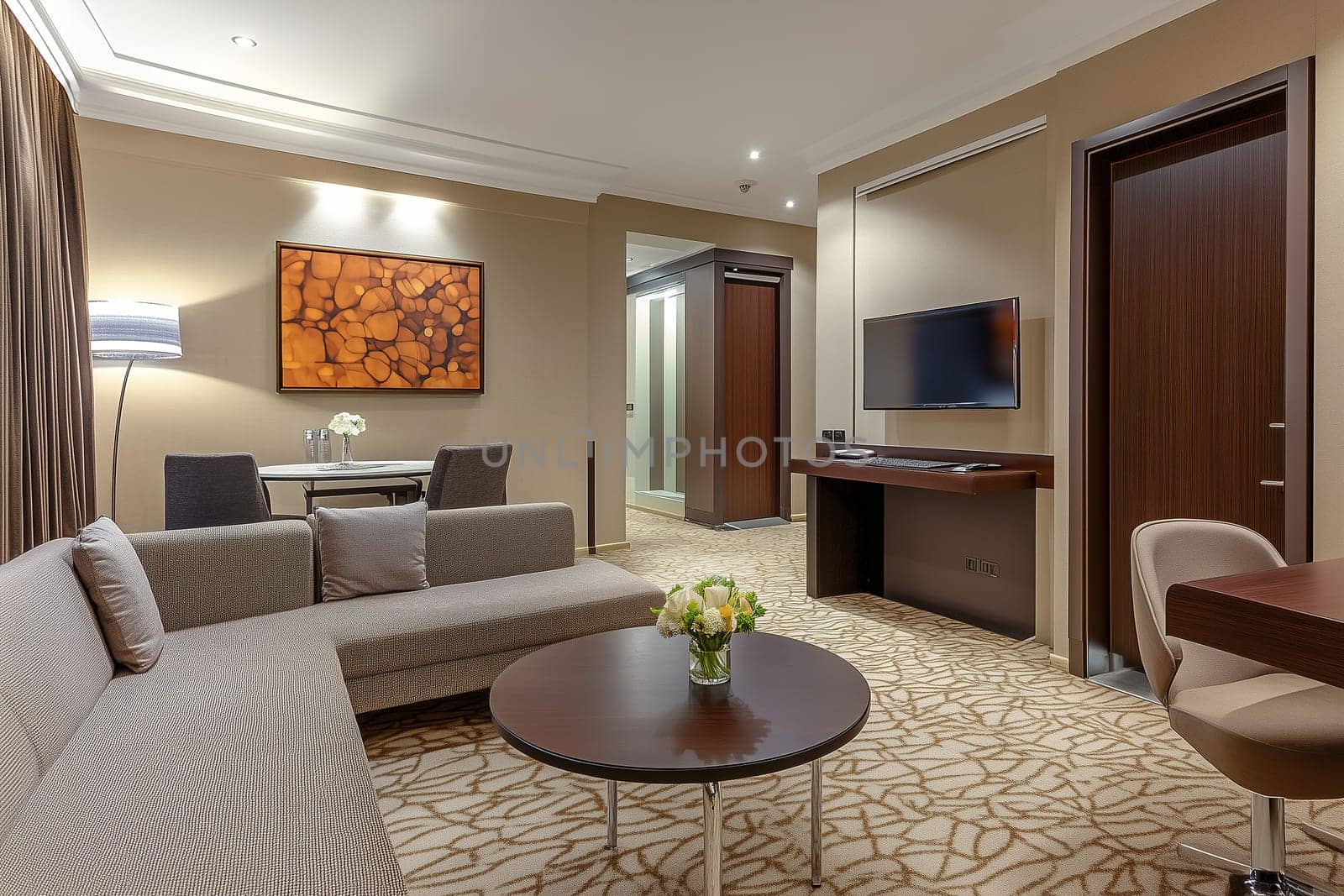 The stylish hotel suite showcases a comfortable seating area, elegant dining space, and modern amenities, creating an inviting atmosphere for guests.