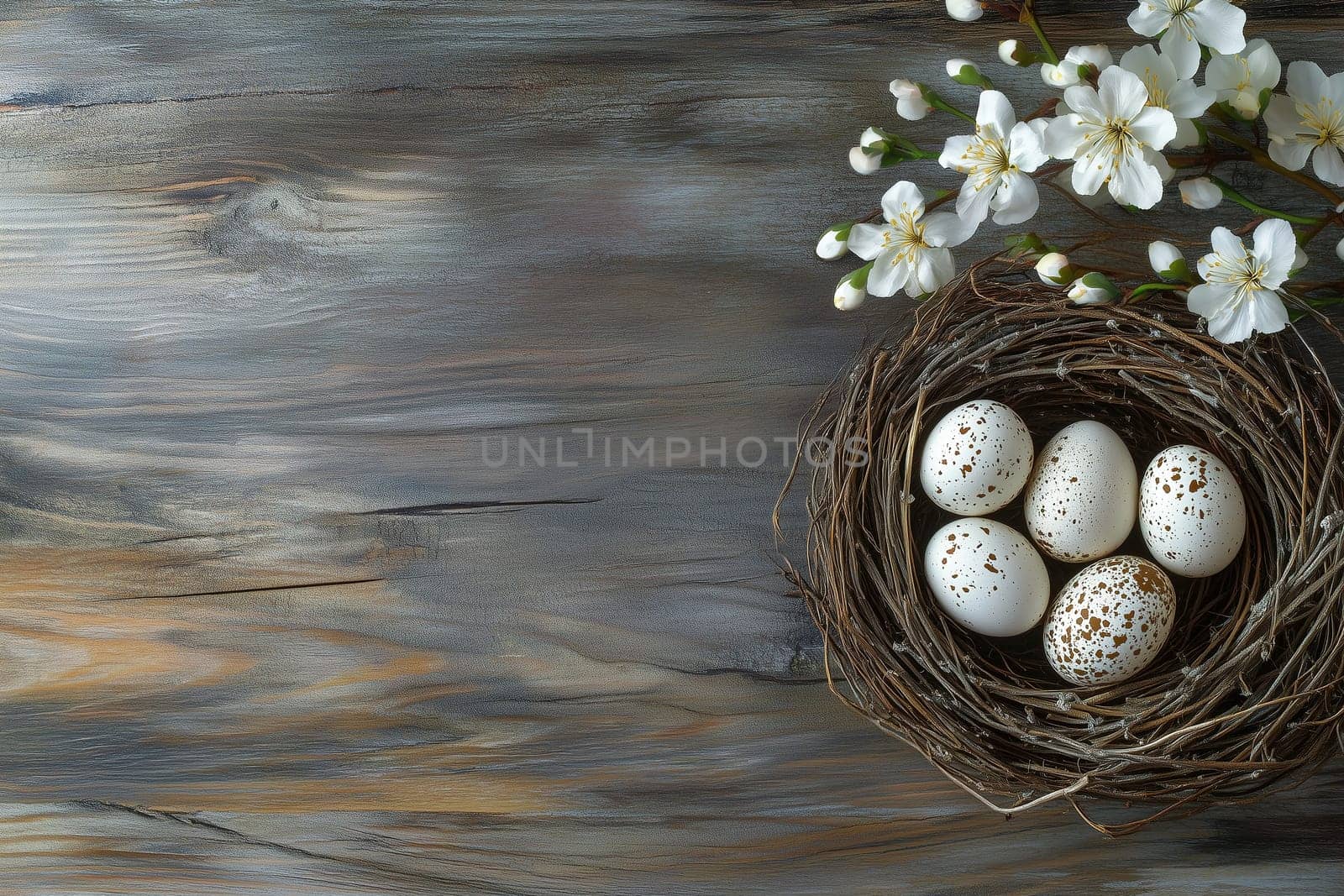 A nest containing five speckled eggs rests on a weathered wooden table, accompanied by delicate white flowers, suggesting a serene spring setting.