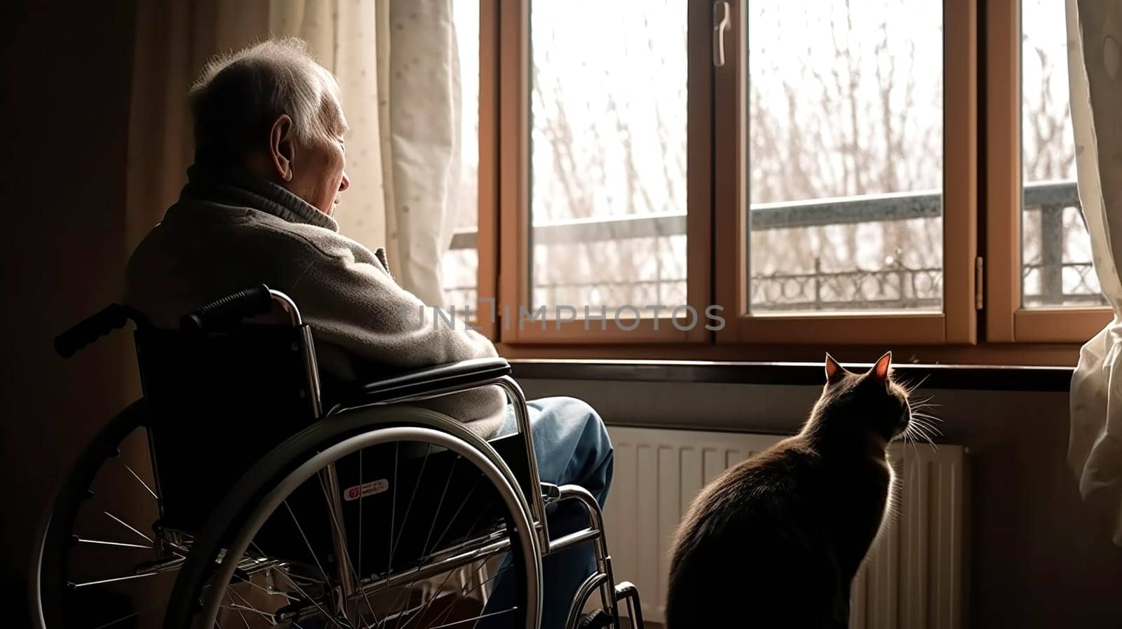 An elderly gentleman in his wheelchair gazes thoughtfully out of the window with his loyal cat by his side, savoring the view beyond