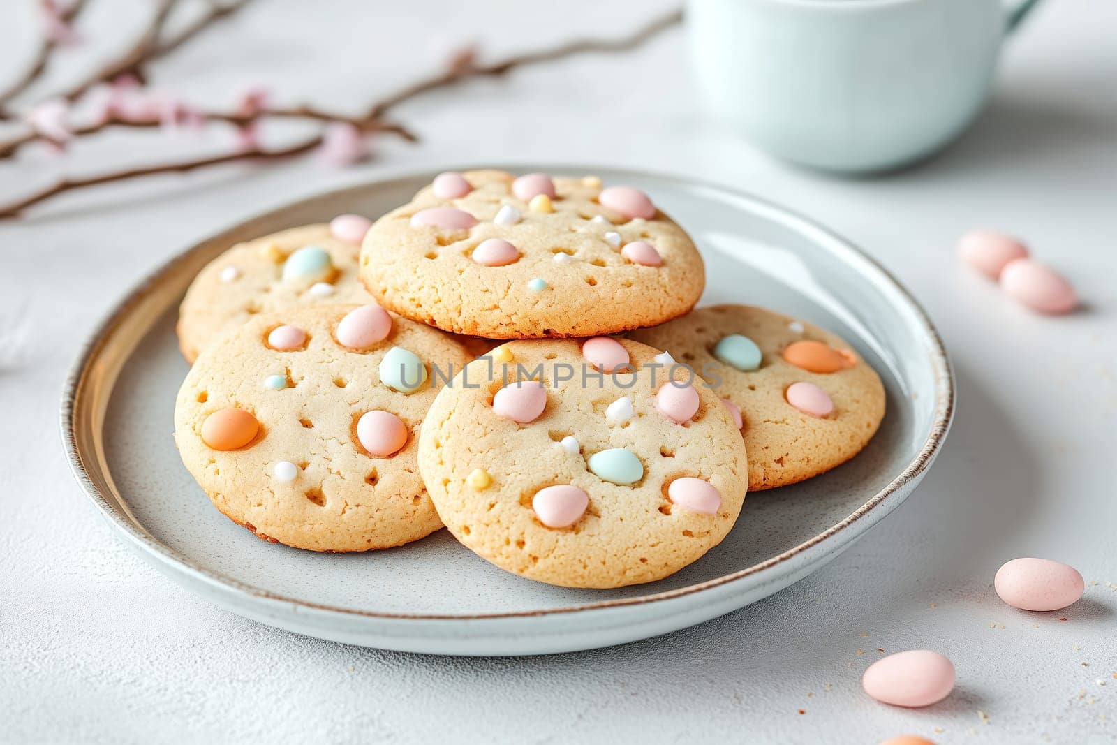 A plate holds several colorful cookies with pastel decorations, set against a soft gray background, evoking a warm and inviting atmosphere perfect for a snack or dessert.