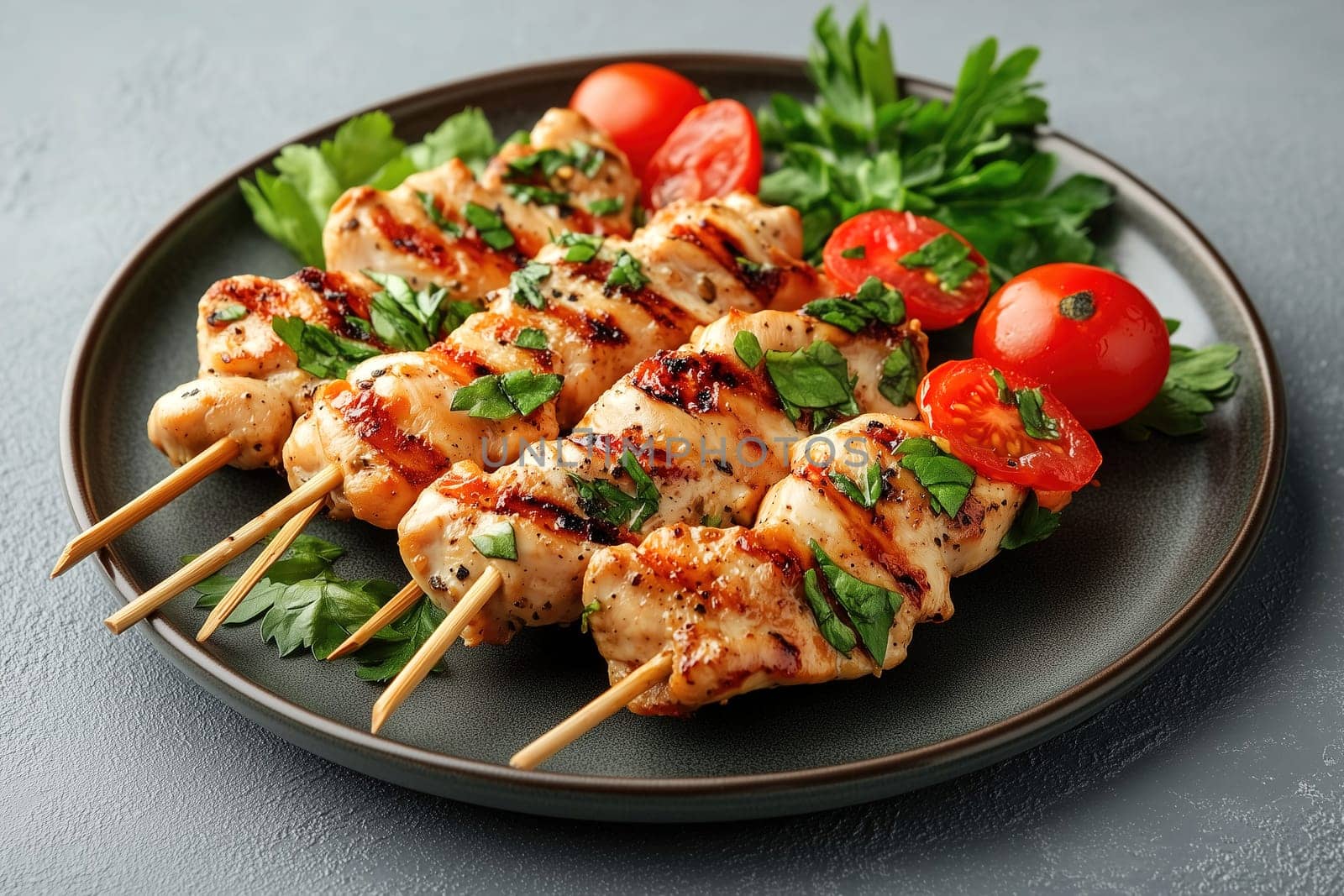 Juicy grilled chicken skewers are garnished with fresh herbs and paired with vibrant cherry tomatoes, creating an appetizing dish perfect for any meal.