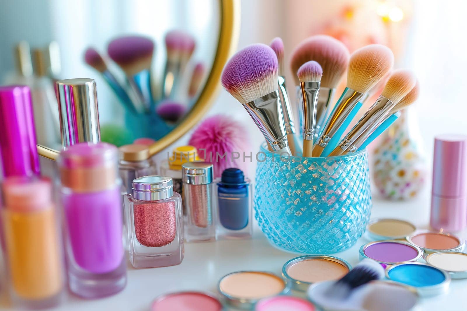 A collection of vibrant makeup brushes stands in a decorative glass holder, surrounded by various cosmetics, all illuminated by warm morning sunlight.