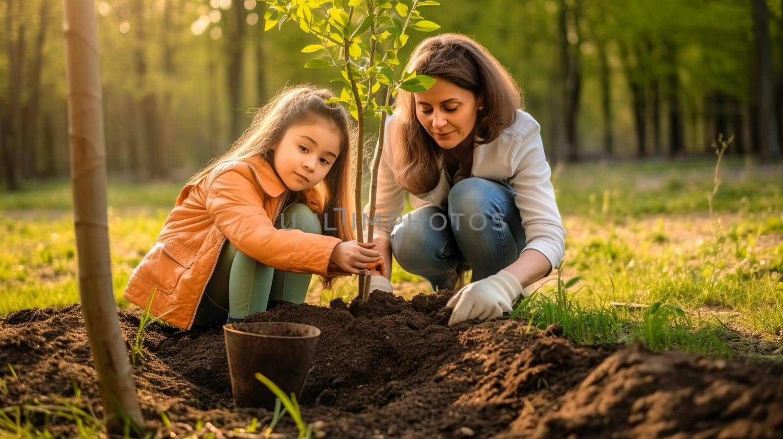 In a beautiful outdoor setting, a woman and a child are joyfully planting a young tree in the rich, nutritious dirt of the earth