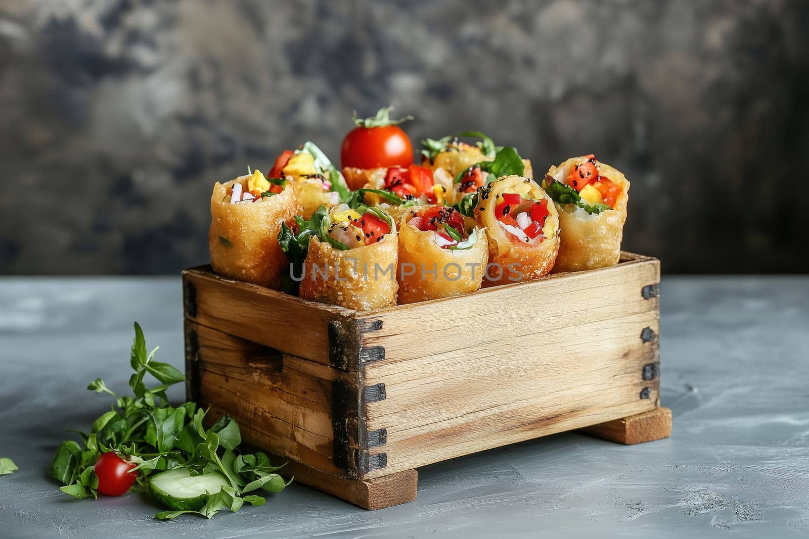 A vibrant display of crisp vegetable spring rolls is neatly arranged in a rustic wooden box. Fresh herbs and a cherry tomato add a touch of color to the setup.