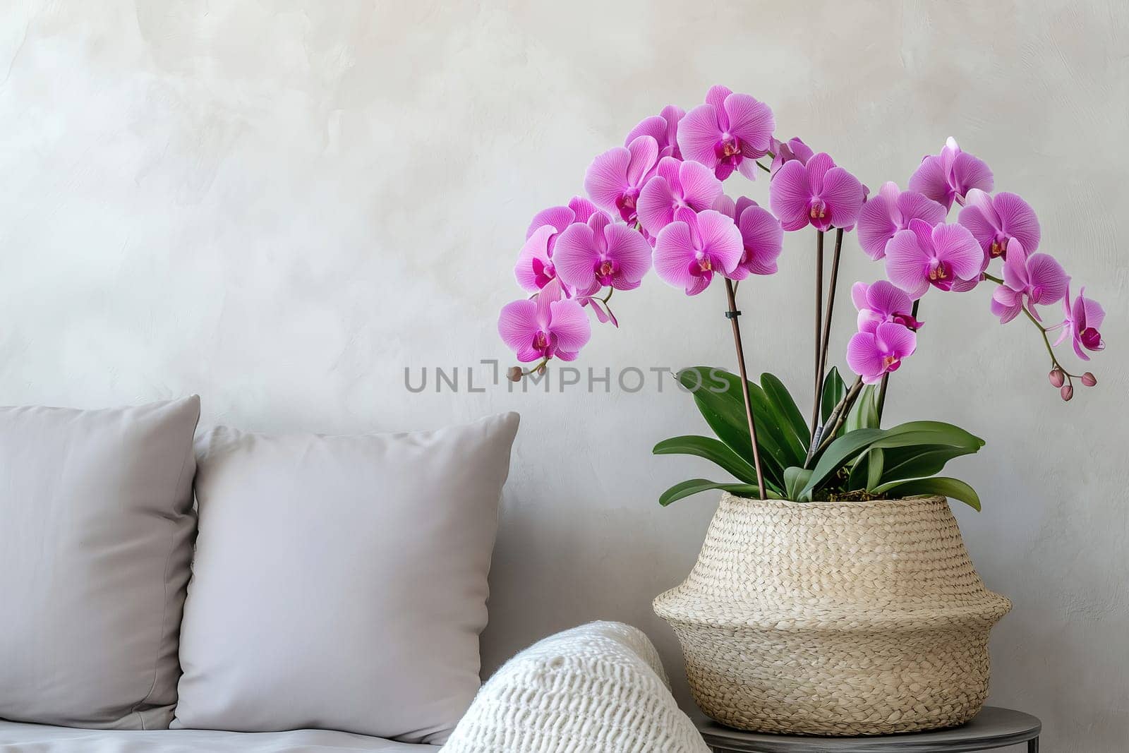 A stylish arrangement of vibrant pink orchids sits in a woven basket on a table, complemented by plush beige pillows in a contemporary living space.