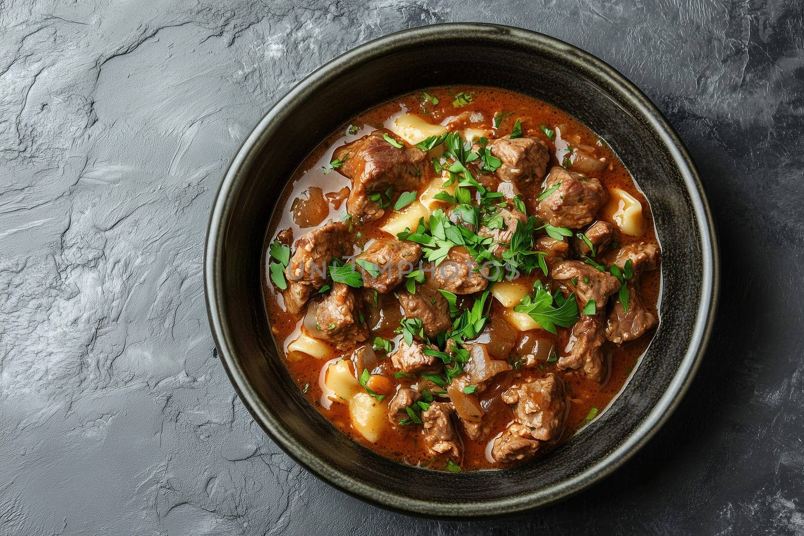 A steaming bowl of beef stew filled with tender meat, potatoes, and fresh herbs creates a comforting dish ideal for cold days. Perfect for warming up and sharing with loved ones.