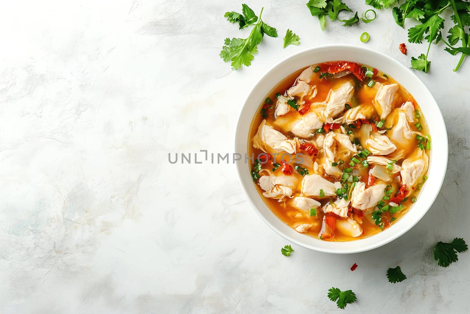 A steaming bowl of hearty chicken soup filled with tender pieces of chicken, herbs, and spices is presented on a light surface. Fresh cilantro and green onions add vibrant color and flavor.