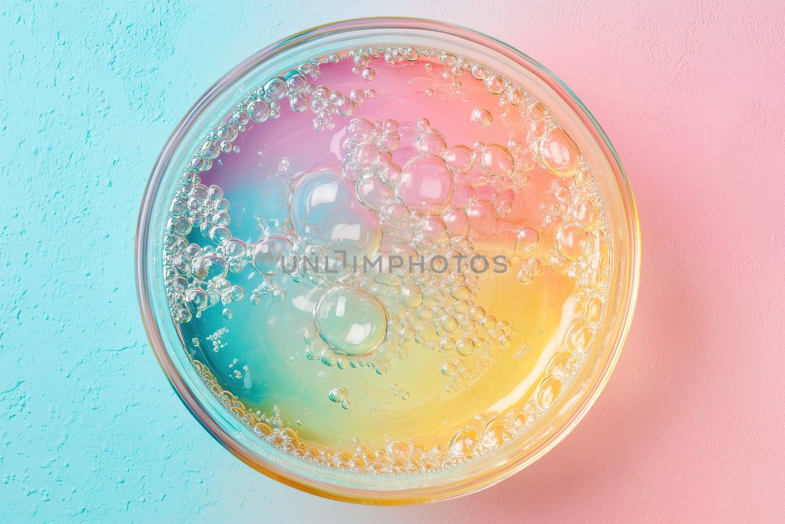 A clear bowl filled with effervescent liquid showcases colorful bubbles emerging towards the surface against a soft gradient backdrop. The vibrant colors enhance the light reflections.