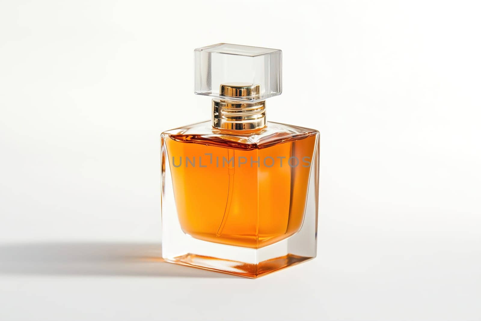 A beautifully crafted glass bottle containing amber perfume stands on a light background, highlighting its elegant shape and luxurious color, perfect for fragrance lovers.