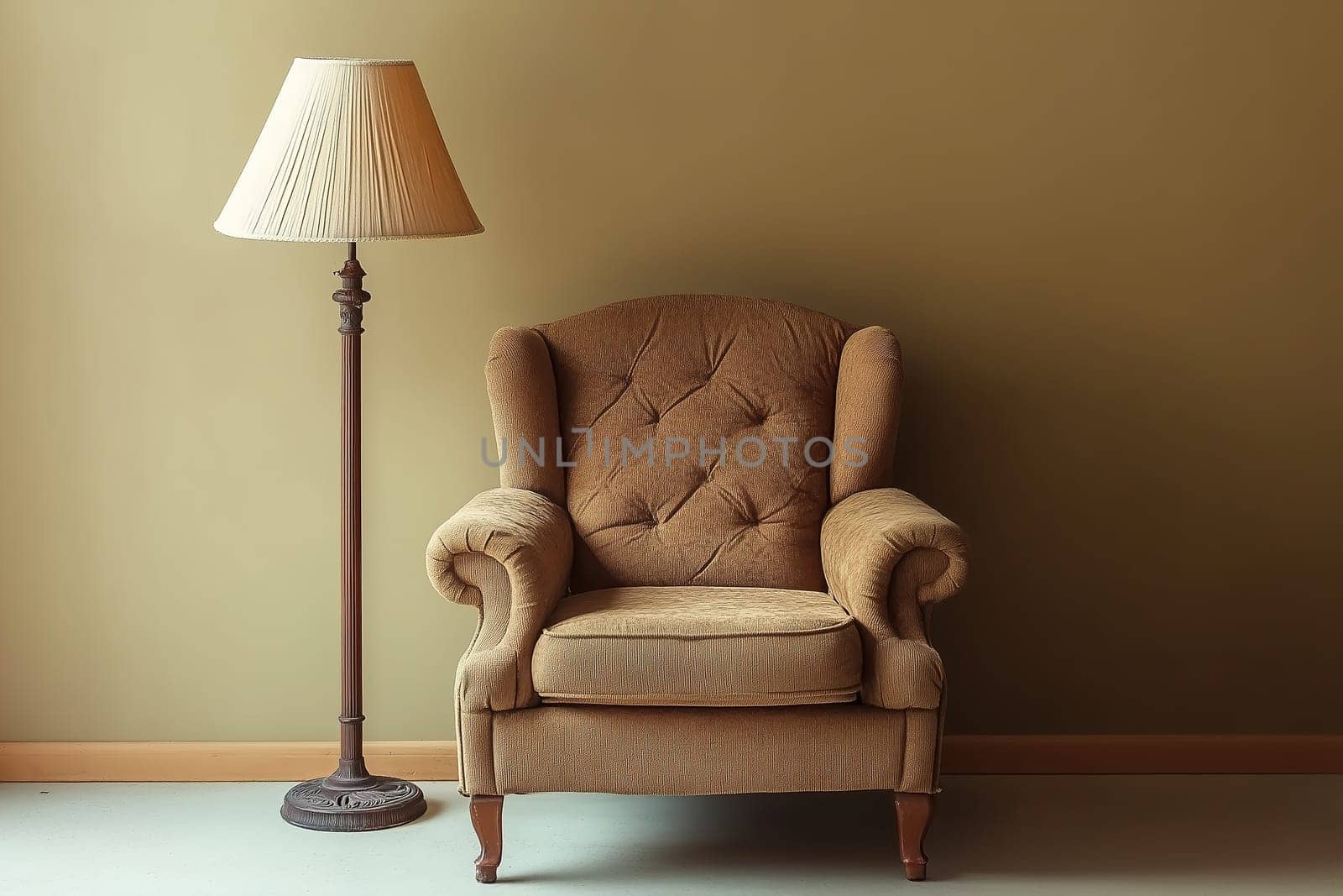 The vintage armchair, upholstered in soft fabric with tufted detailing, stands beside a stylish floor lamp, creating a warm and inviting corner in a softly lit room.