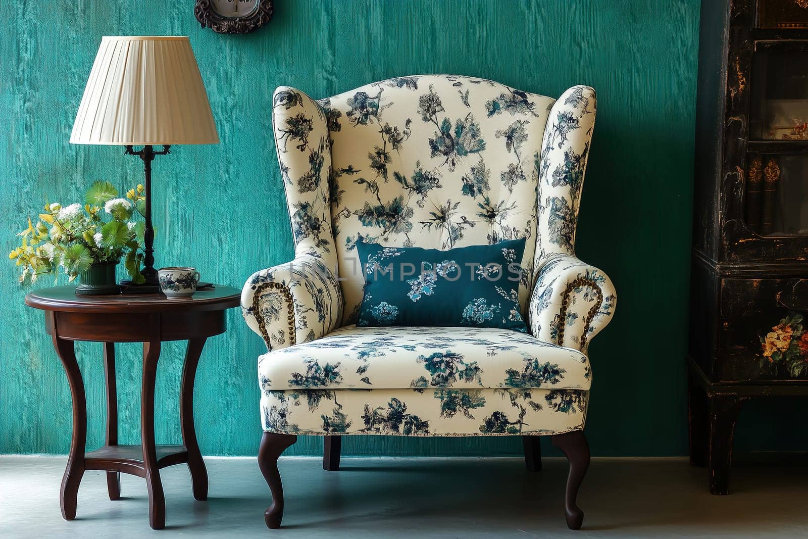A floral-patterned armchair is situated next to a small wooden table featuring a lamp and a bowl of flowers. The vibrant turquoise wall enhances the cozy atmosphere.