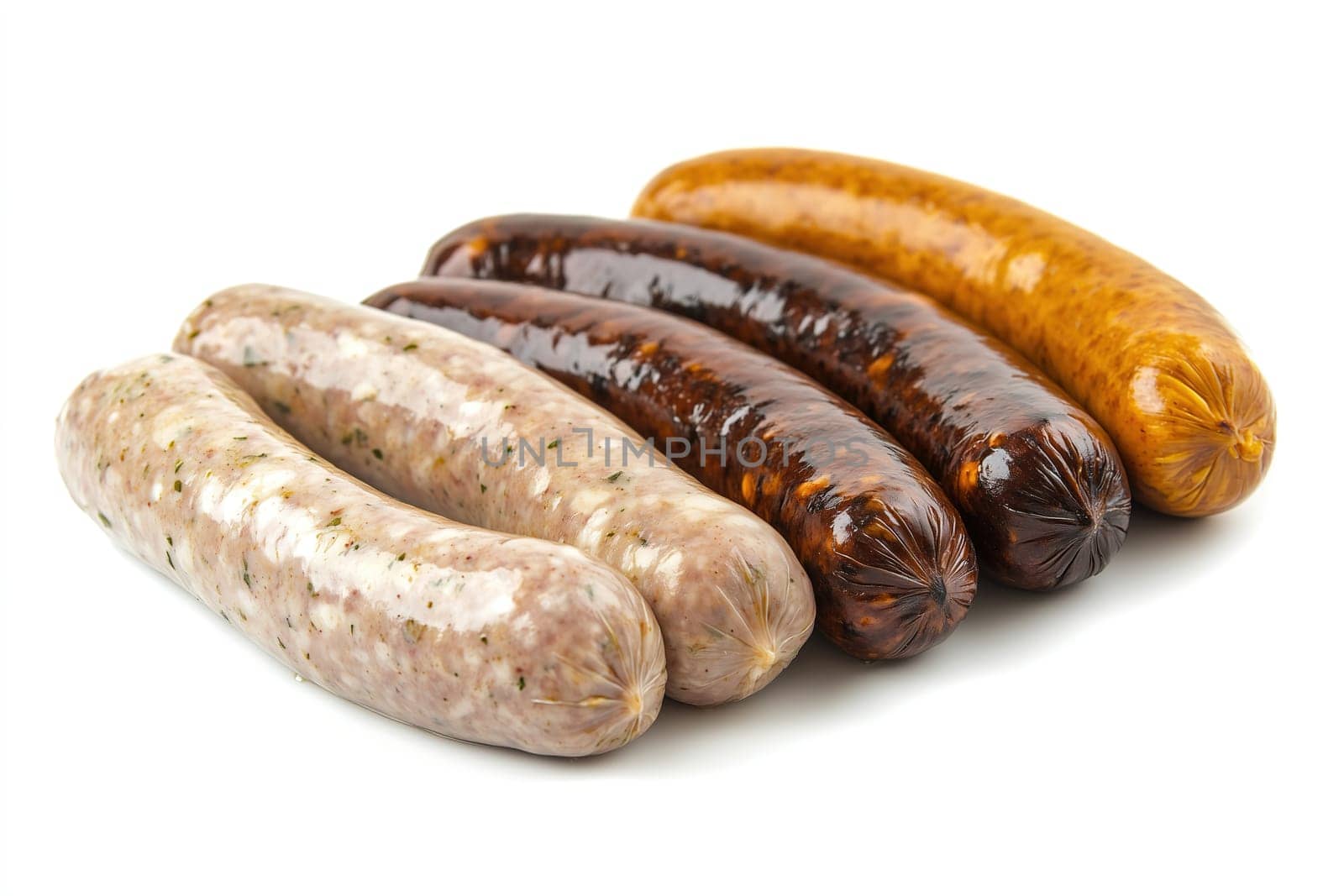 A selection of assorted sausages lies in a row, highlighting various colors and textures. The sausages are prepared for serving, emphasizing their distinct flavors.