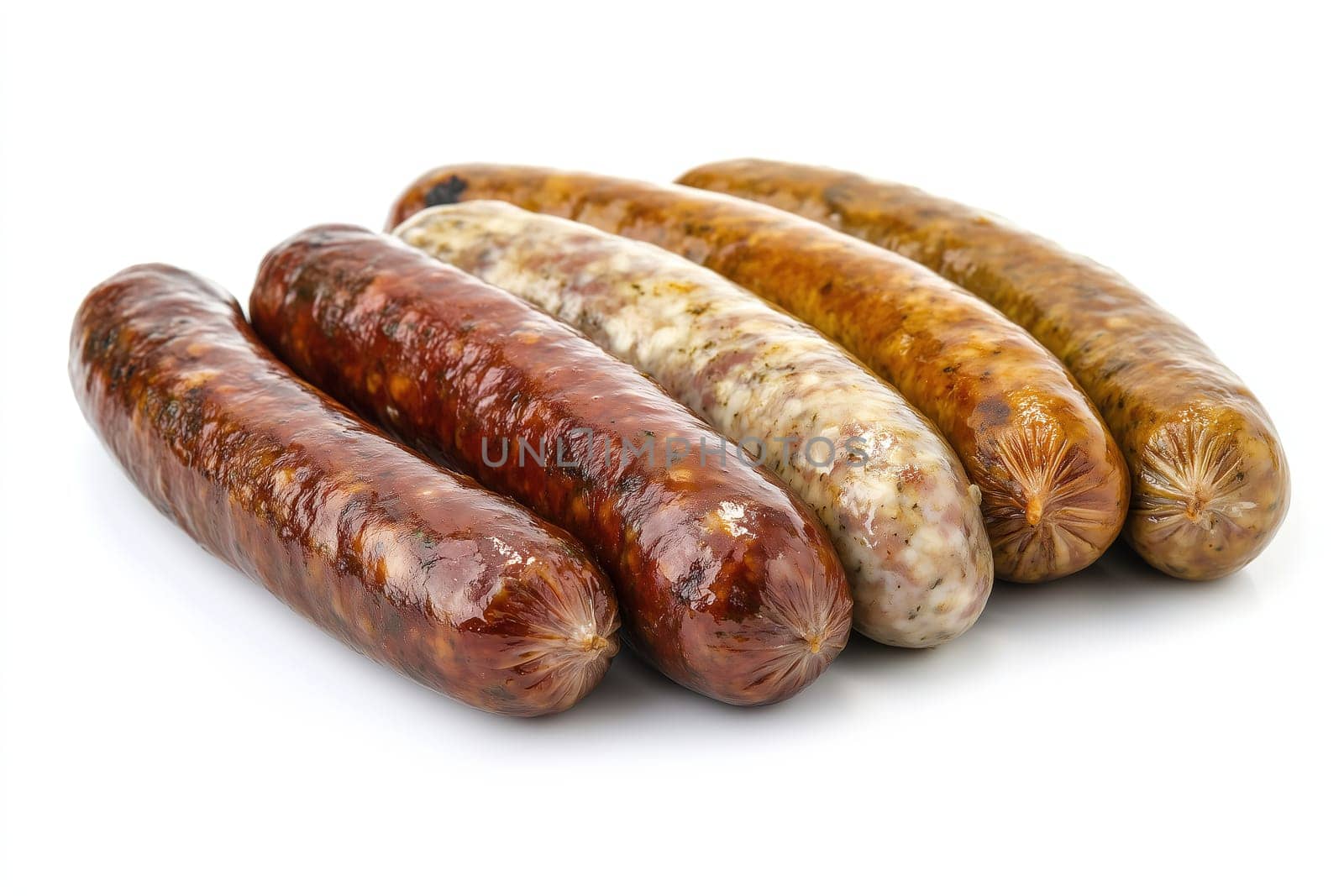 A variety of sausages in different colors and textures are arranged artfully on a plain surface. The selection highlights distinct types, perfect for grilling or cooking.
