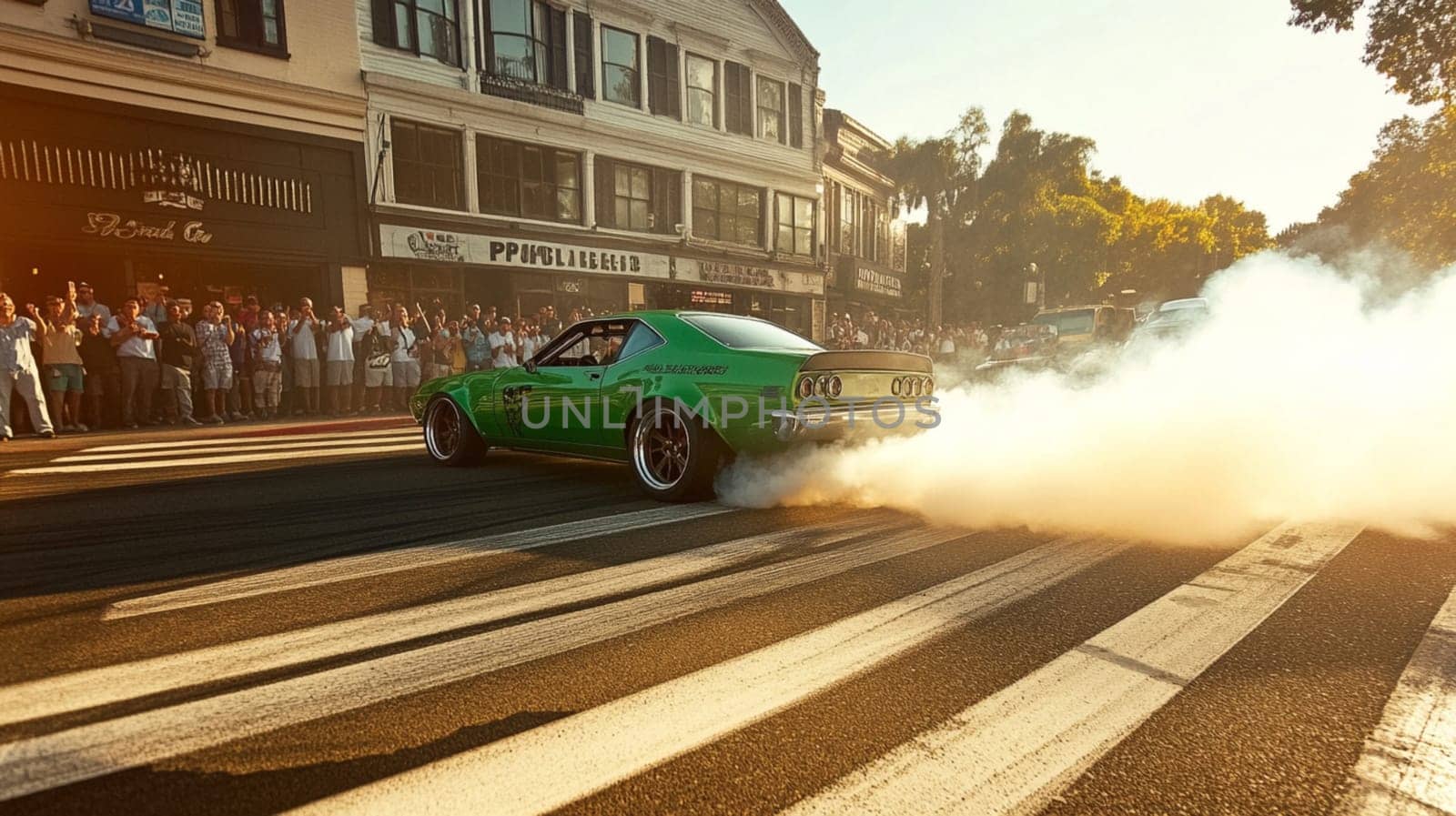 Powerful sports cars race through city streets at sunset, leaving a trail of smoke, thrilling spectators with high speed action