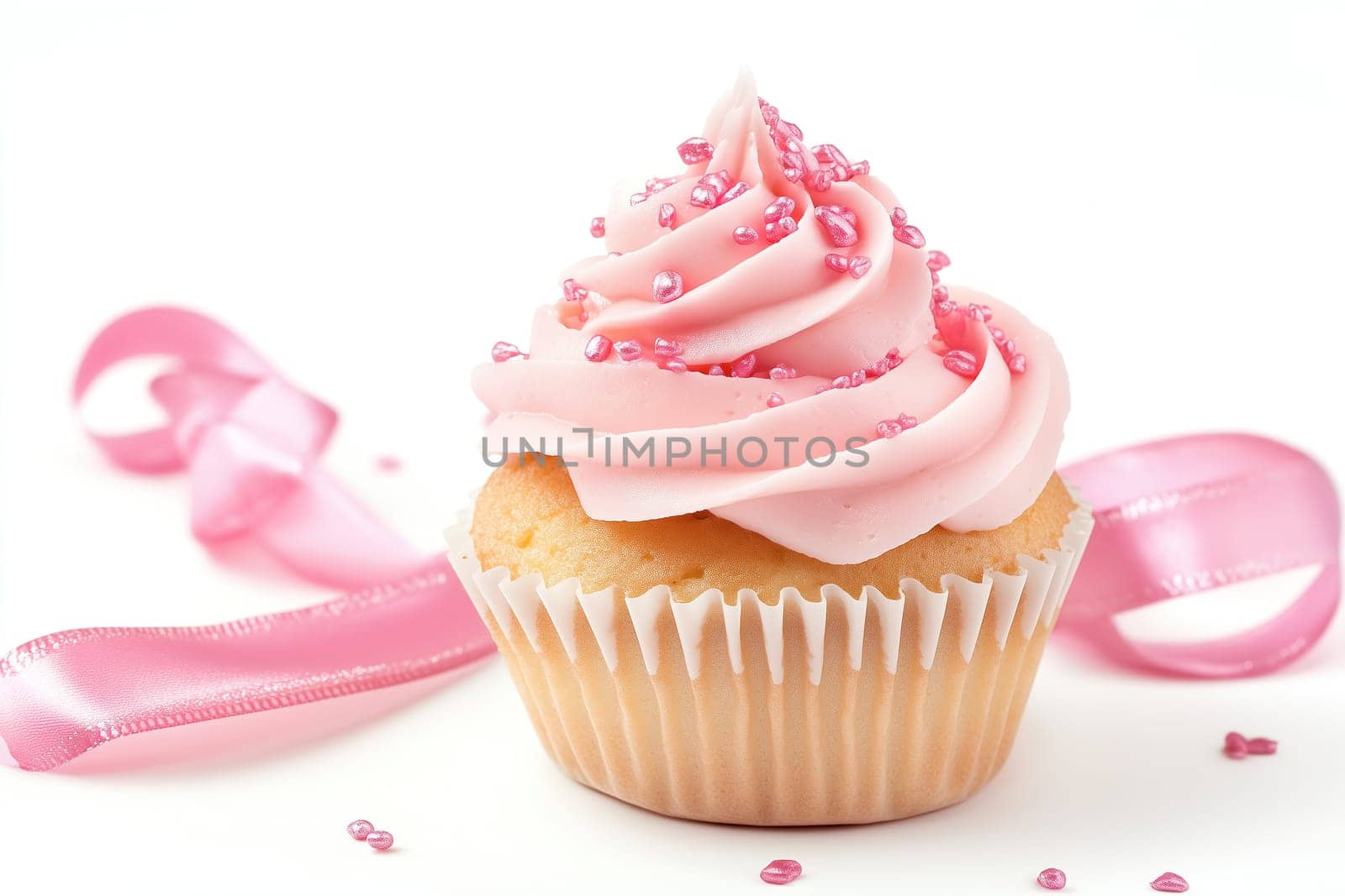 A scrumptious cupcake topped with creamy pink frosting and sparkling sprinkles sits elegantly against a pristine white backdrop, accompanied by a delicate pink ribbon.