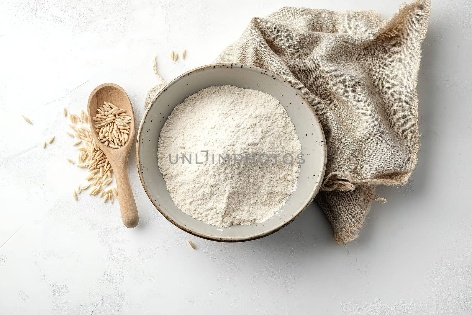 A bowl filled with white flour sits atop a textured cloth, surrounded by scattered grains. This setup emphasizes the essence of cooking and baking.