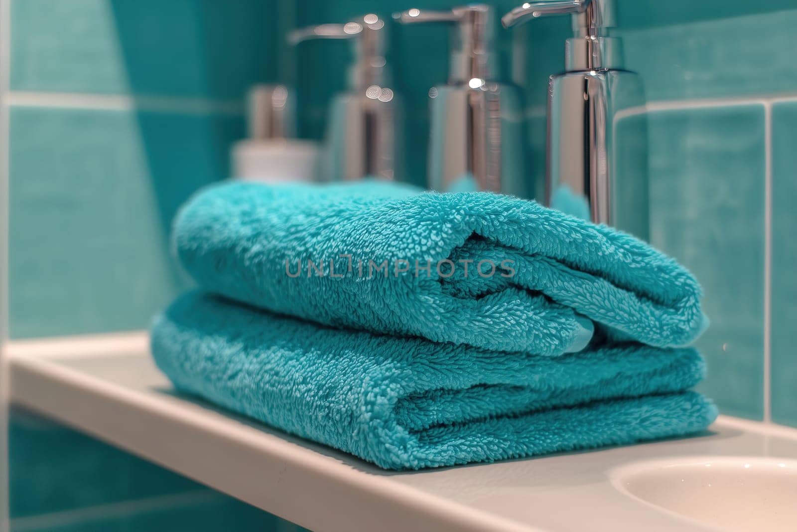 A pair of neatly stacked turquoise towels rests on a bathroom shelf, accompanied by shiny silver soap dispensers, creating a calming atmosphere.