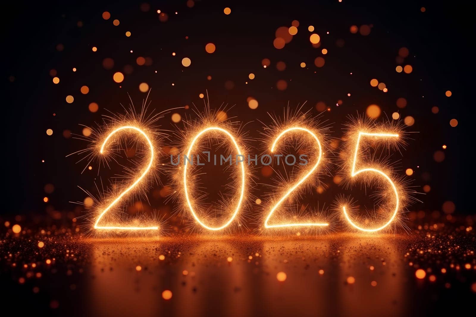 The glowing numbers 2025 are surrounded by sparkling lights in a festive atmosphere, celebrating the arrival of the new year with joy - Generative AI