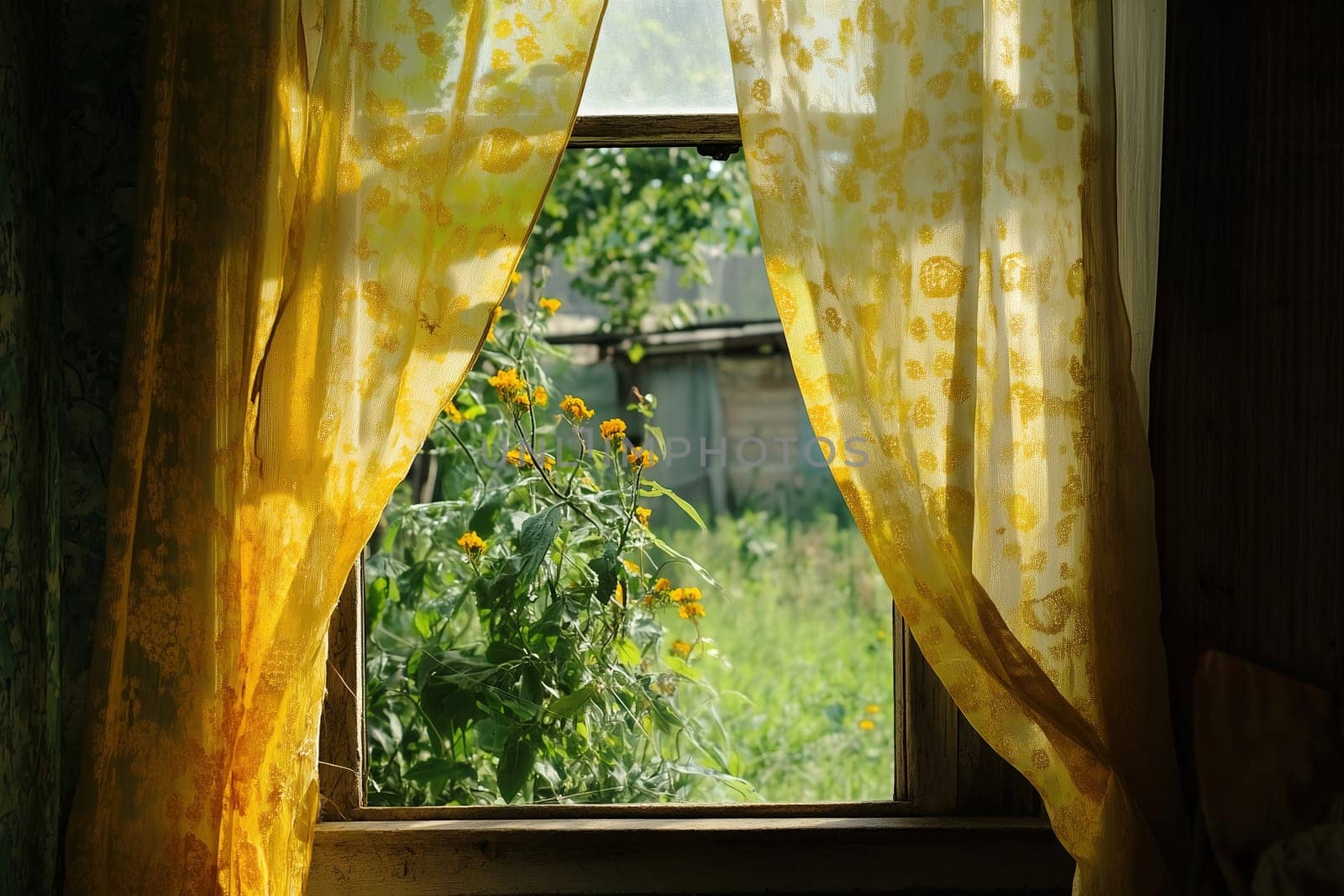 Yellow curtains frame a picturesque view of a vibrant garden, where flowers bloom in abundance under the warm glow of sunlight. The scene evokes tranquility and natural beauty.